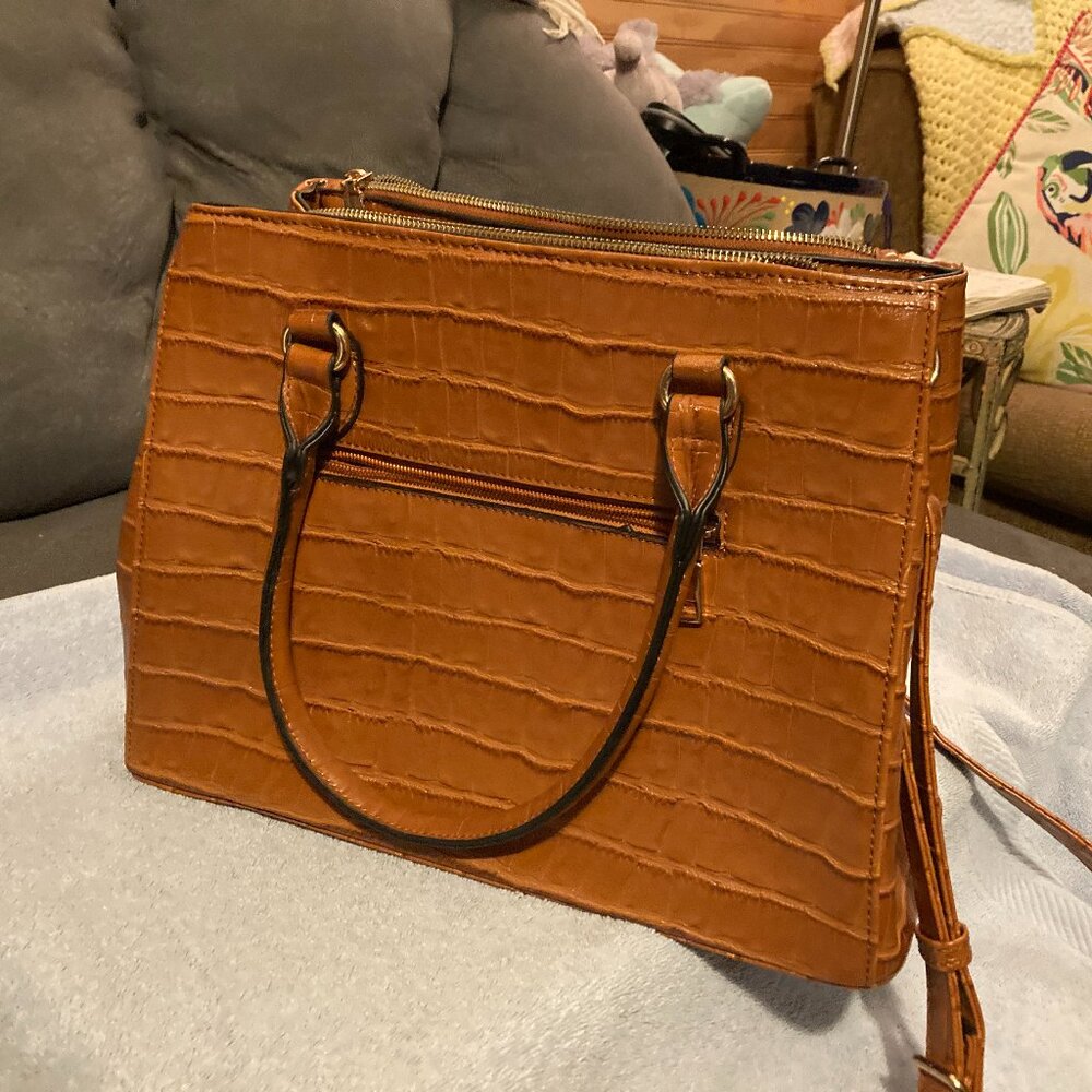 Brown Faux Crocodile HandBag Purse-Handle+Crossbody Strap-13"L-5.5"W-10"D-EUC